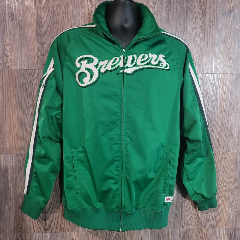 Stitches Milwaukee Brewers Baseball Full Zip Track Jacket Sz M Green Embroidery